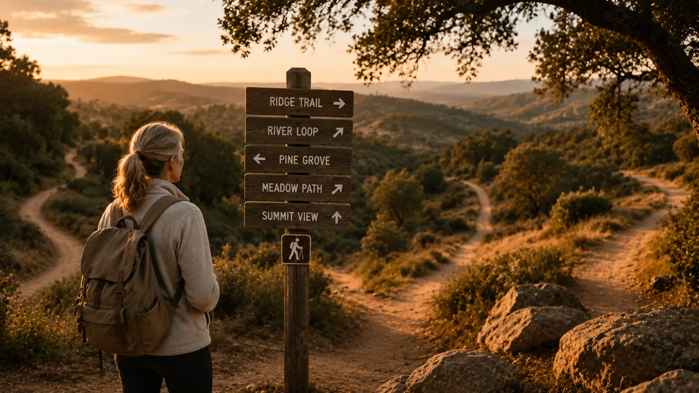 A woman stands at a trailhead where several paths diverge into golden California hills, considering which direction to take