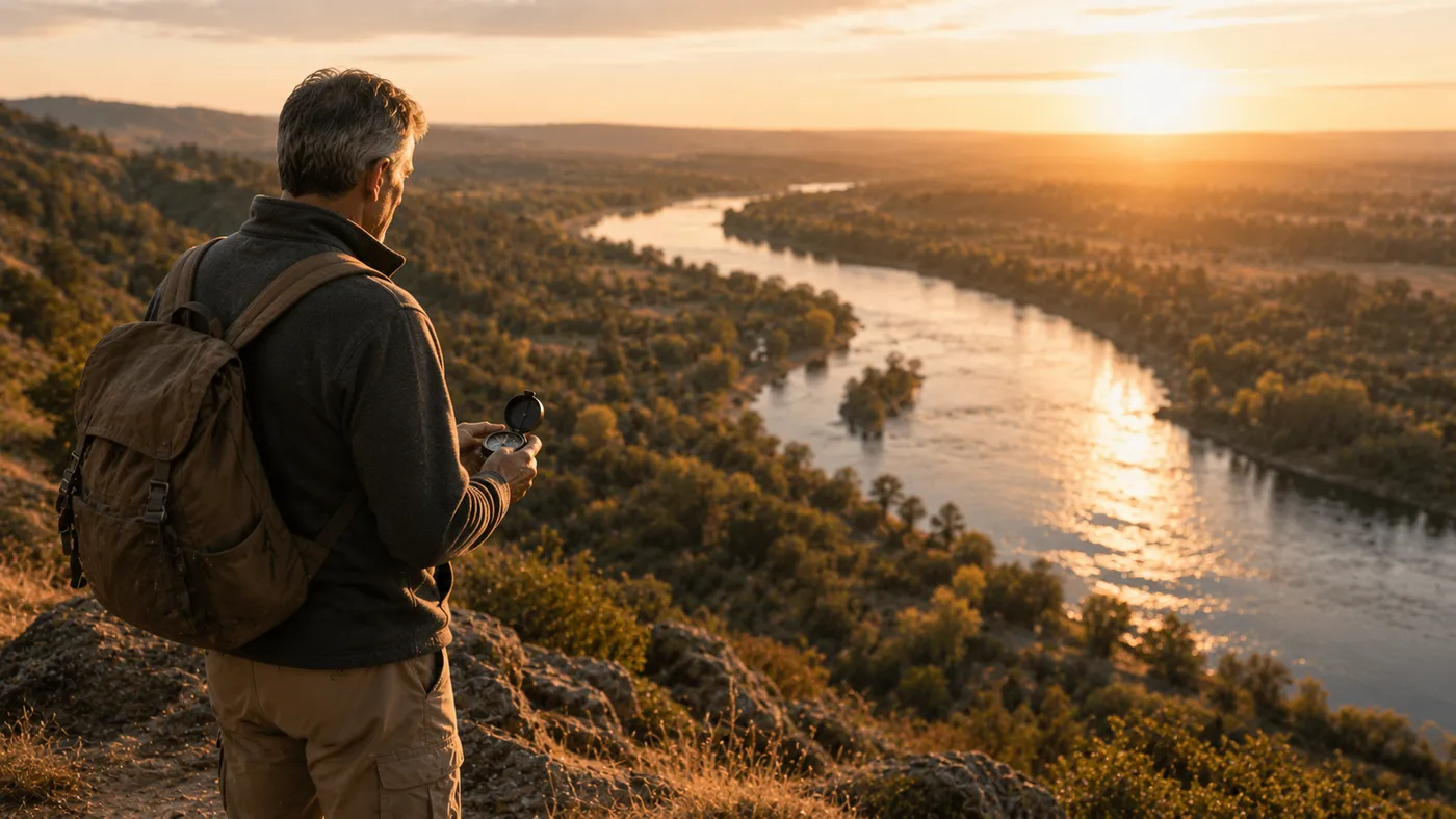 A hiker pauses above a winding river valley to check his compass before continuing on
