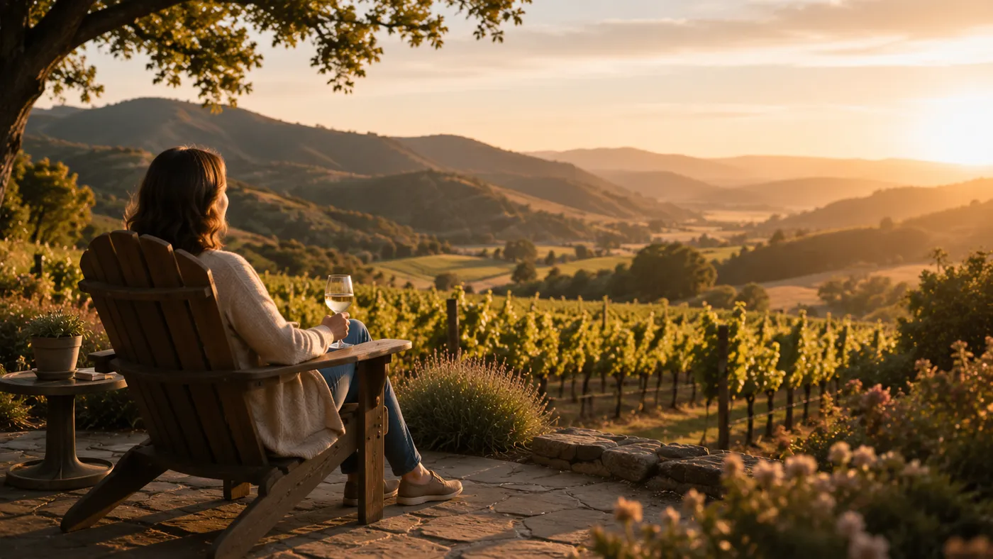 A woman relaxes in a chair overlooking a vineyard at sunset, enjoying the freedom of a well-planned retirement