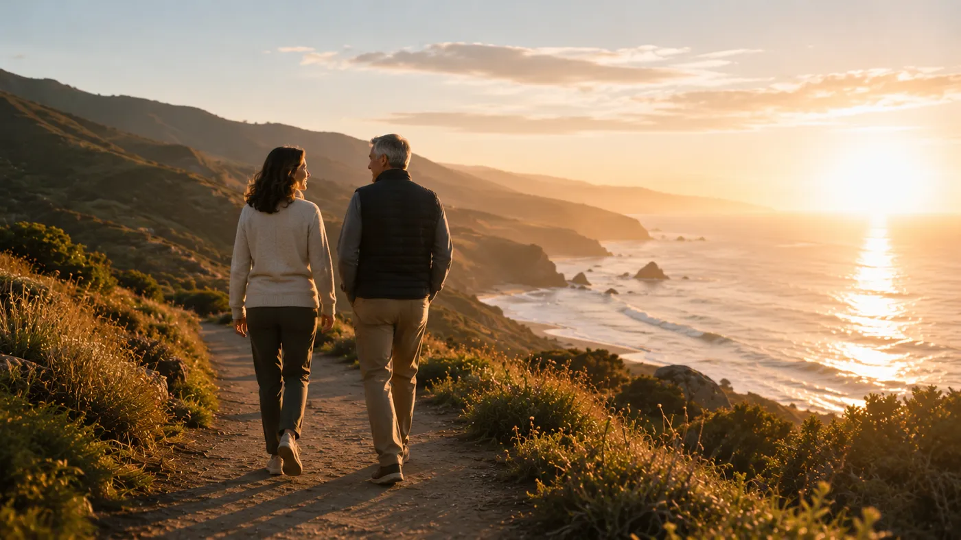 A couple walks side by side along a coastal California trail in warm light, one guiding the other
