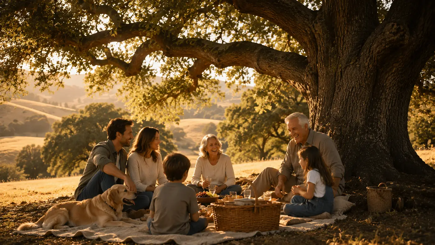 Three generations of a family gather in the shade of a mature California oak in golden evening light