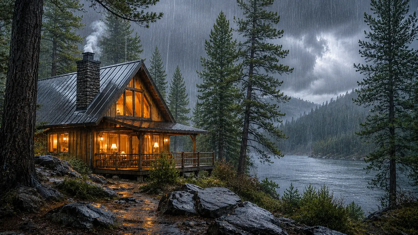 A warmly lit cabin stands sheltered and secure among pines as rain falls over the river beyond
